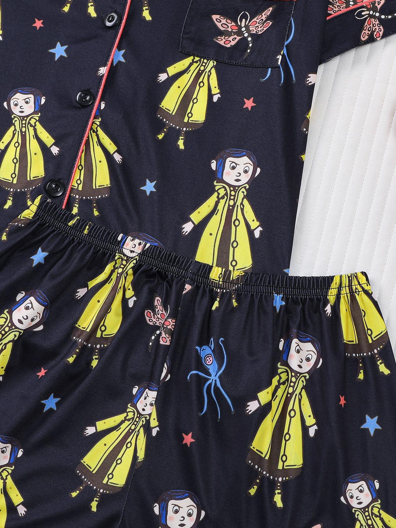 Women's Monkey Print Pajama Set, Short Sleeve Button Front Top & Elastic Shorts, Casual Home Wear, Comfortable Sleepwear, Loungewear