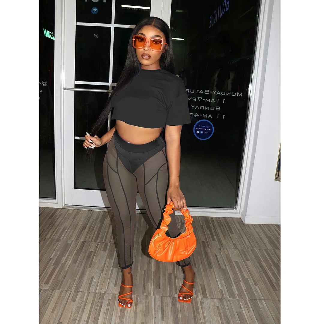 CM.YAYA Beach Sexy Women 2pcs Set Short Sleeve Tee Mesh See Though Leggings Set Sweatsuit Tracksuit Two Piece Set Outfits 2022