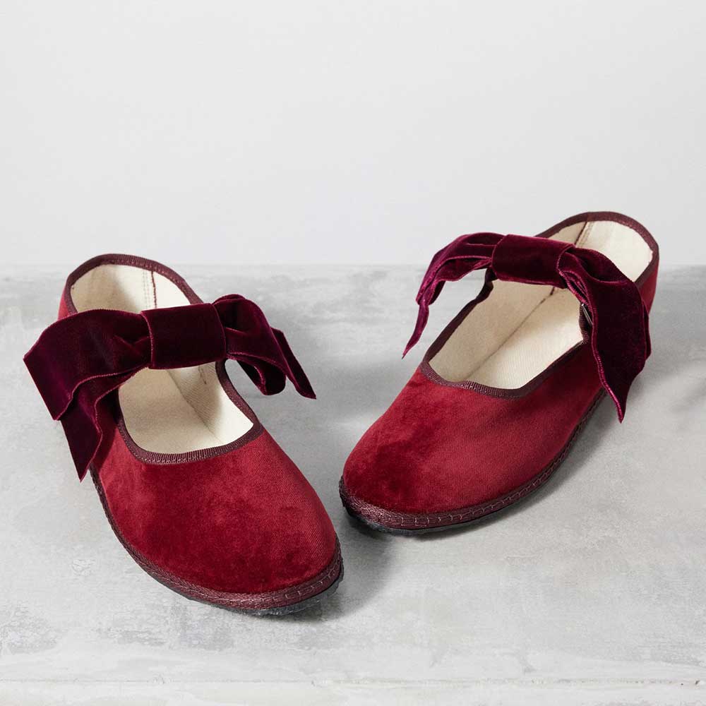  Velvet Sophisticated Round Toe Bow Inlay Mary Jane Flats in Maroon Nicepairs