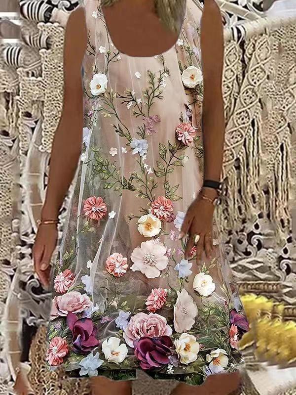 Women's Floral Printed Scoop Neck Sleeveless Midi Dress