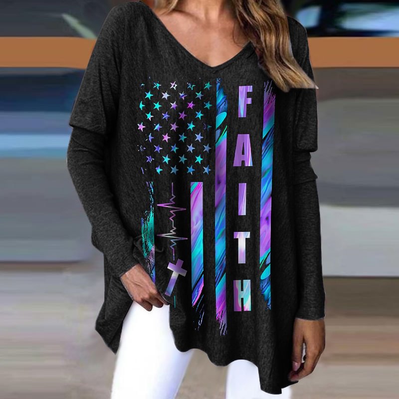 Jesus Faith Stylish American Flag Print V-neck Loose Long Sleeve Tee