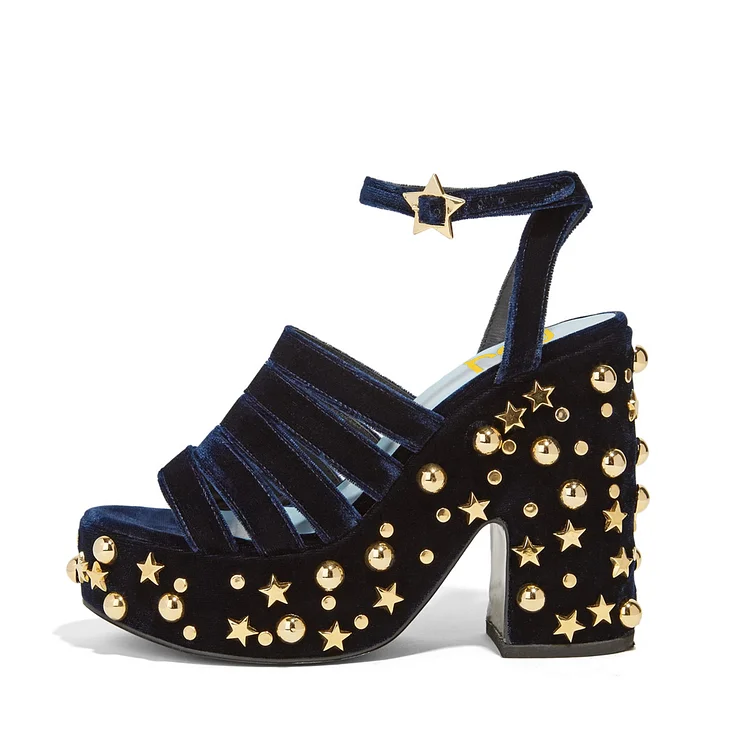 Navy Blue Velvet Platform High Heel Sandals with Gold Studs and Stars Vdcoo