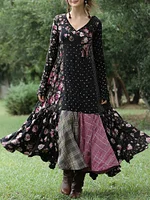 Women's Vintage Pink Rose And Plaid Patchwork Long-sleeved Dress