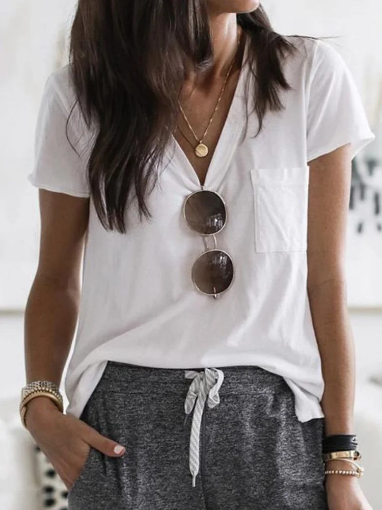 White V neck Plain Casual Shirts & Tops