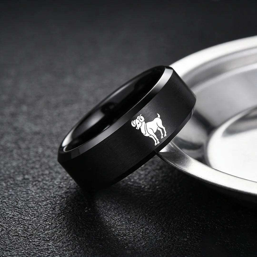 Beveled Edges Laser Etched Tungsten Carbide Rings Black Aries Couple Wedding Bands 4MM 6MM 8MM