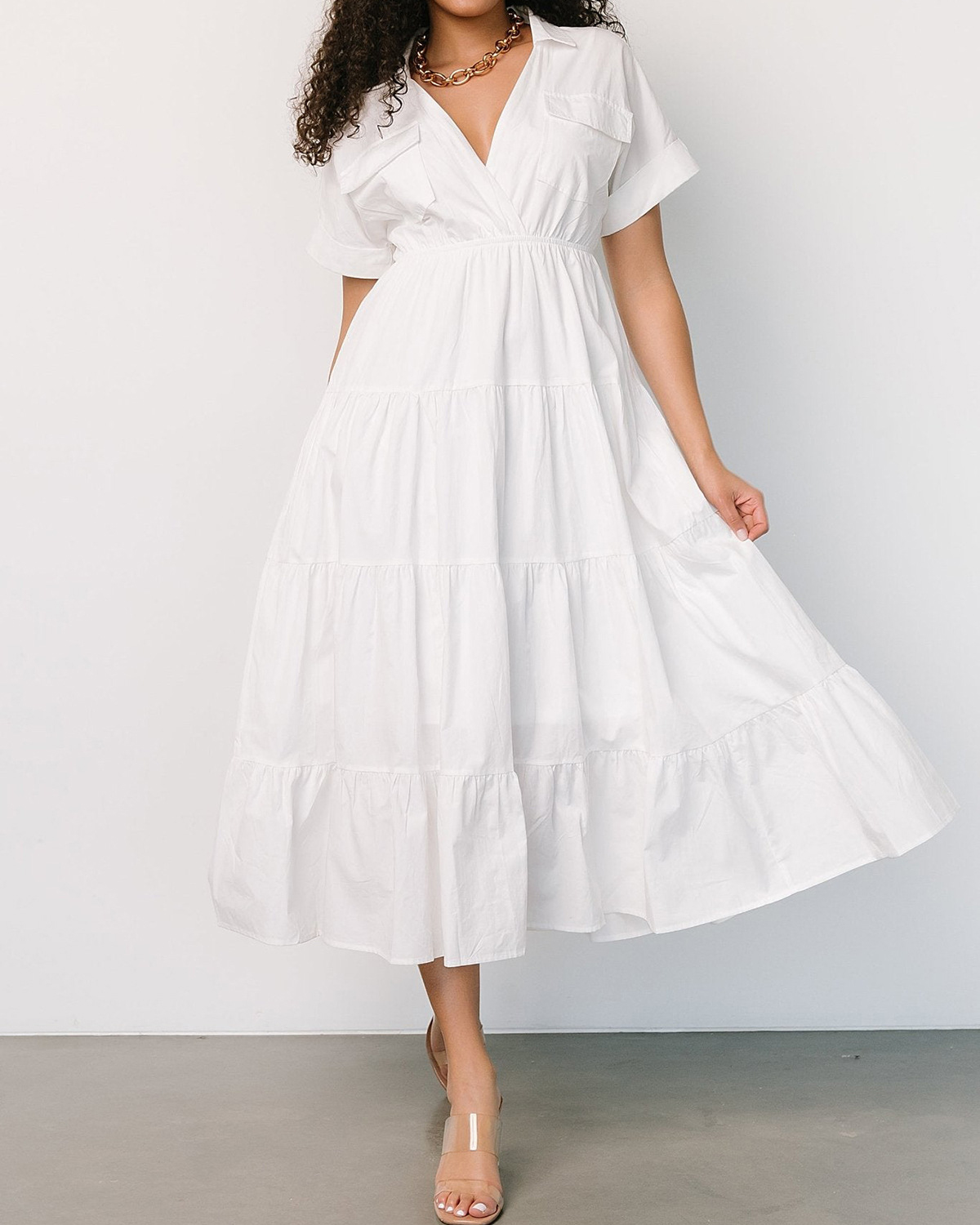 Tiered Hem Short Sleeve V Neck Chest Pockets Maxi Dress