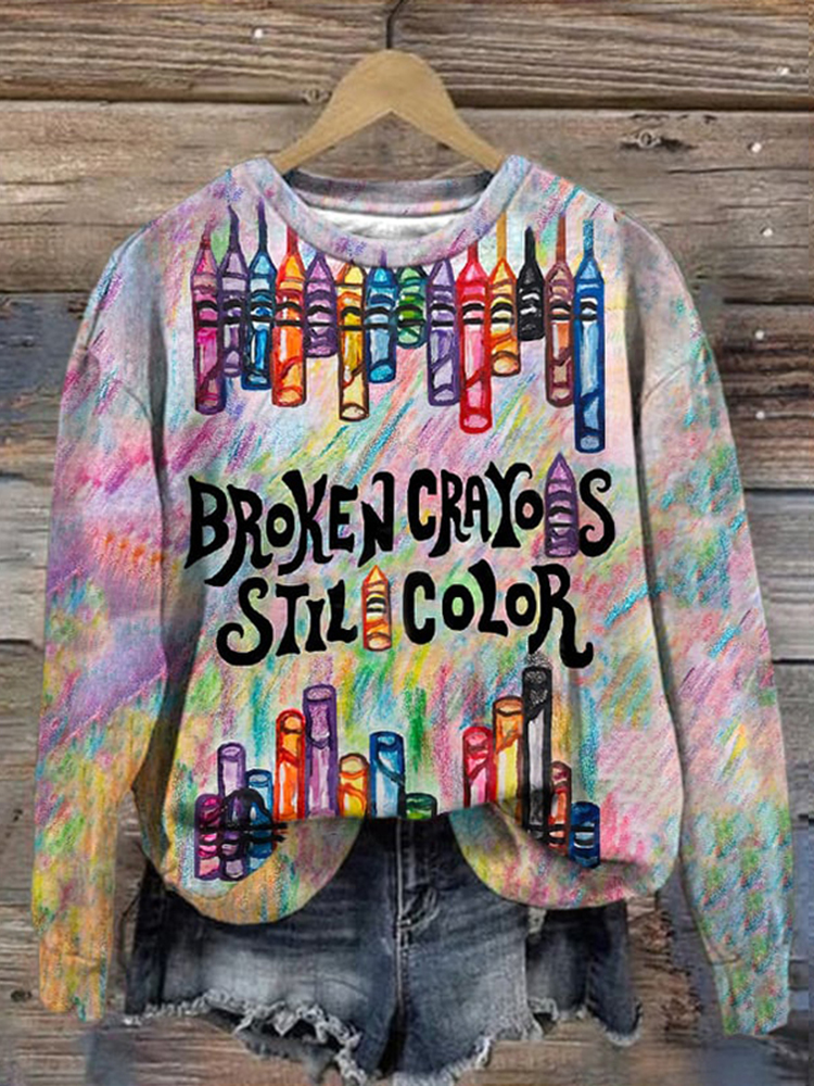 Comstylish Broken Crayons Still Color Print Round Neck Sweatshirt