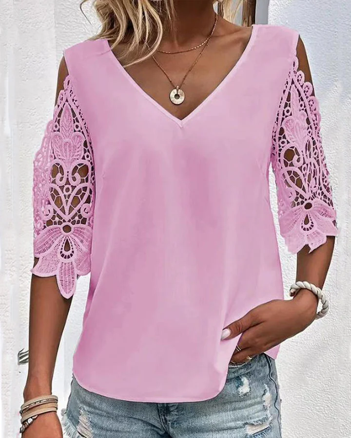 Women's Solid Color V Neck Lace Half Sleeve T-Shirt