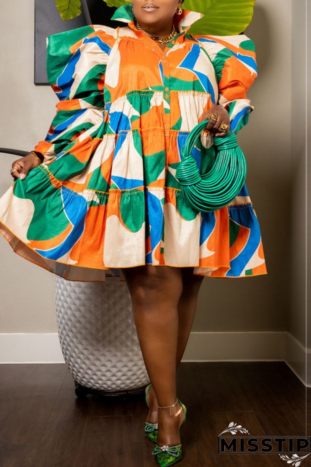 Orange Green Casual Print Patchwork Shirt Collar Shirt Dress Plus Size Dresses