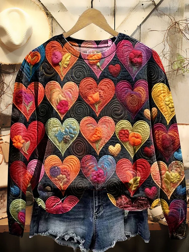 Women's Heart Shaped Floral Collage Pattern Print Casual Crew Neck Sweatshirt