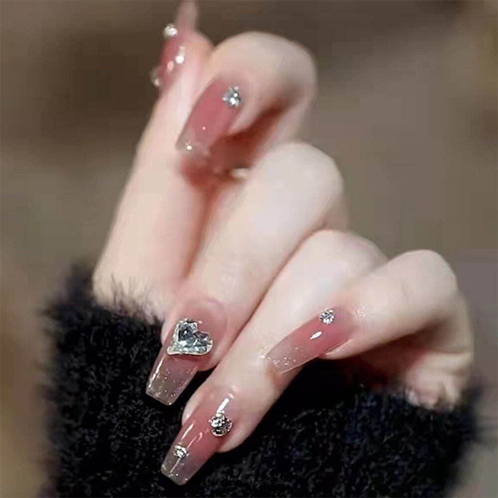 Agreedl On Nails Heart Rhinestones Fake Nails Sweet Nail Tips Design Paragraph Manicure Save Time Free Shipping Fake Nails