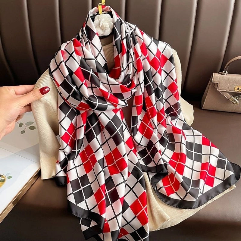 Women’s Fashion Letter Plaid Satin Printing Silk Scarves