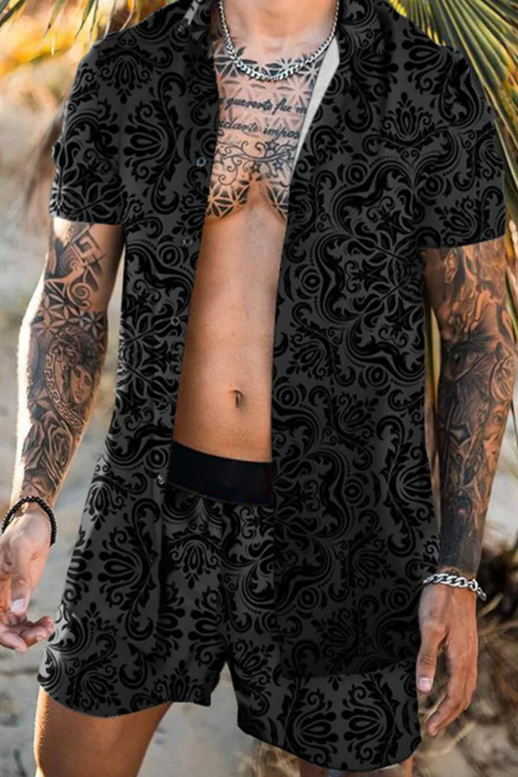 BrosWear Vintage Black Shirt and Shorts Two Piece Set