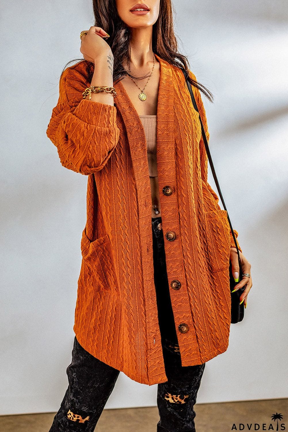 Brown Cable Knit Cardigan