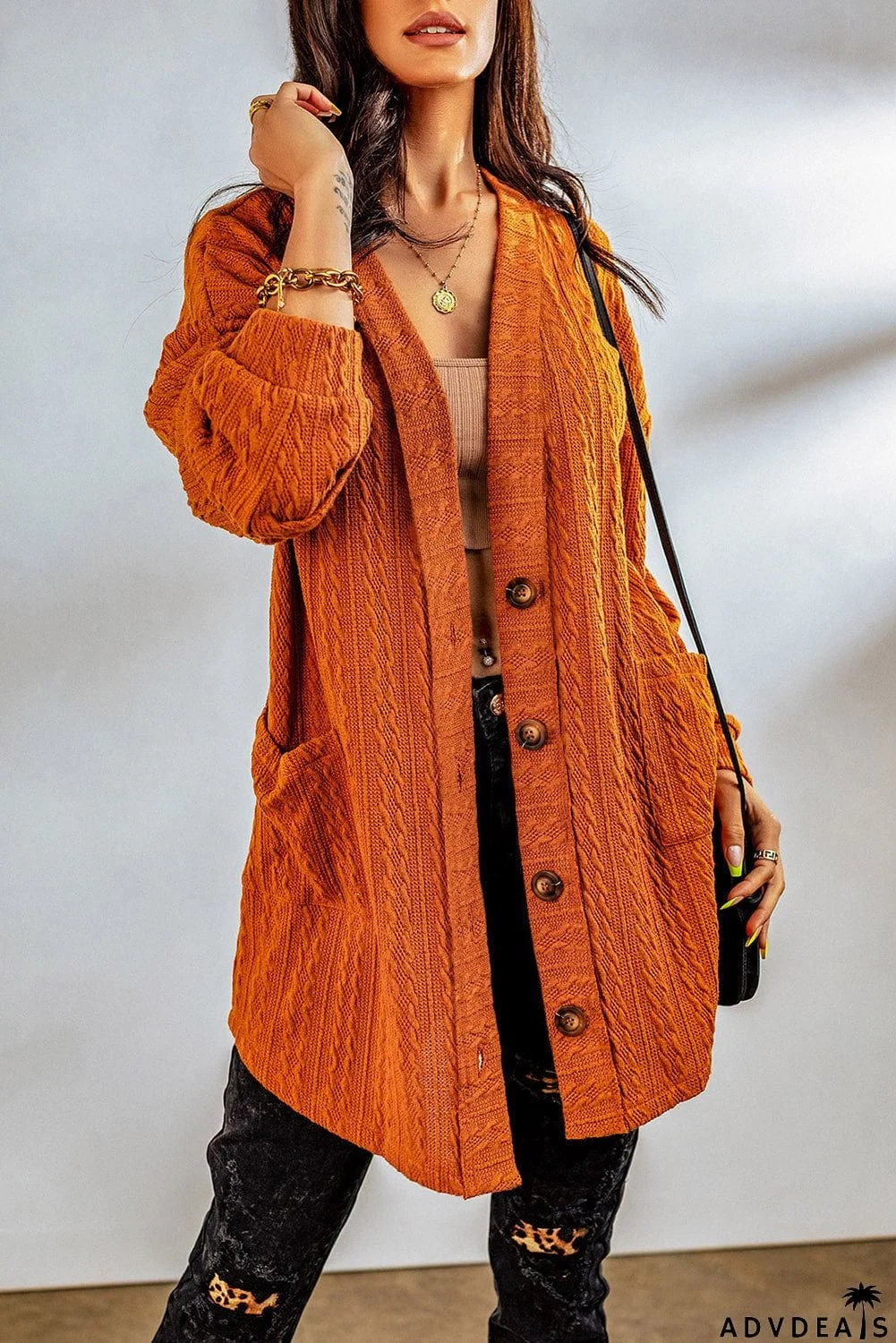 Brown Cable Knit Cardigan