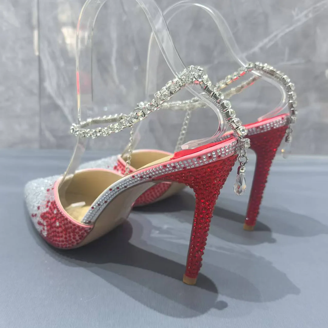 Women's 80mm/100mm/120mm High Heels Rhinestone Crystal Ankle Chain Pointed Toe Stilettos Pumps Shoes