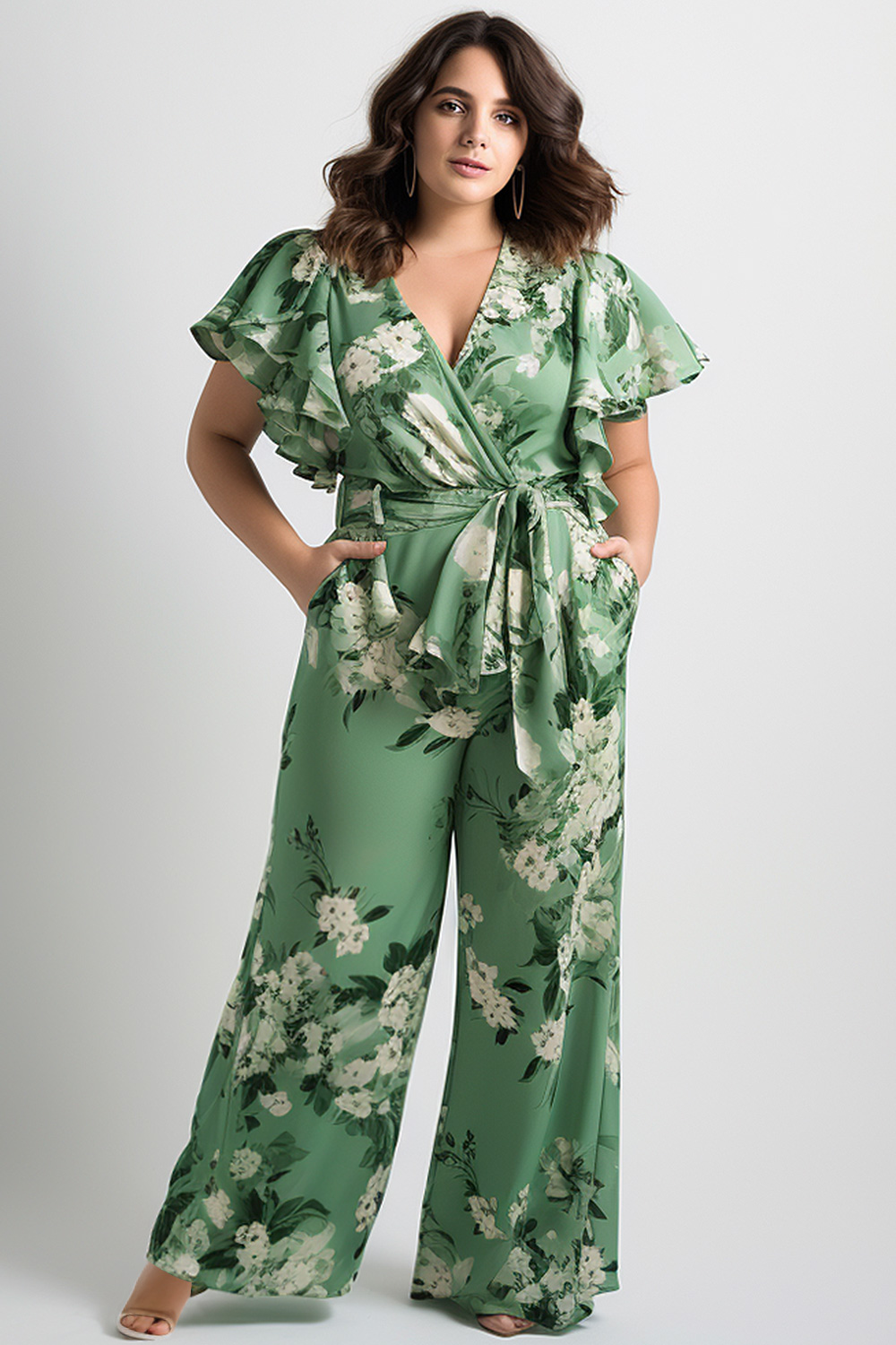 Flycurvy Plus Size Green Everyday Wrap Floral Print Pocket Jumpsuit