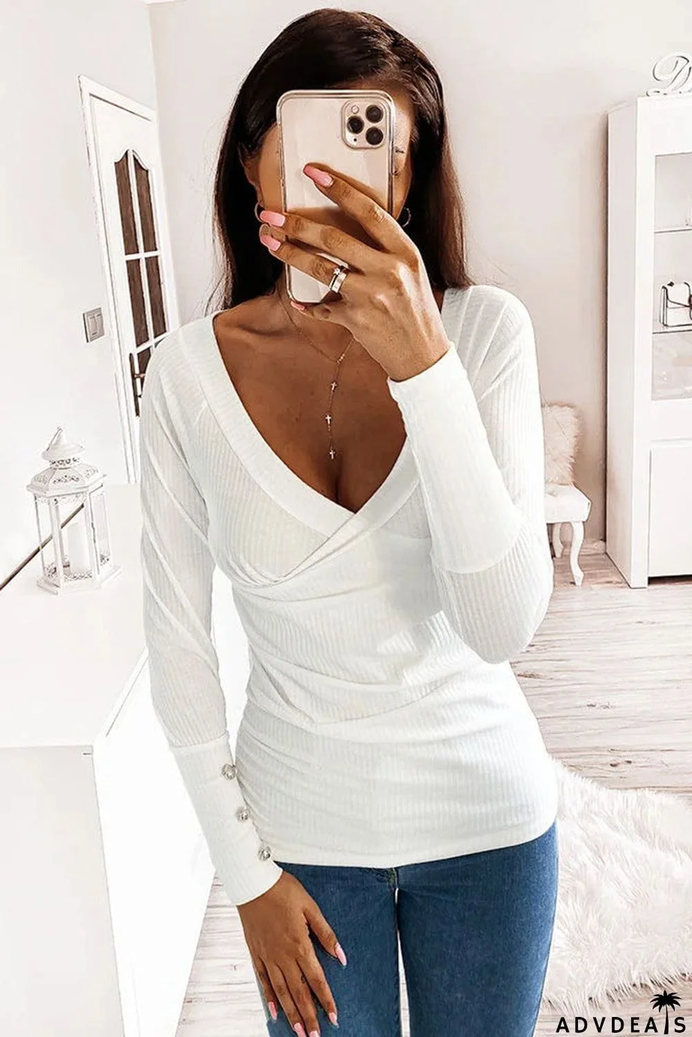 V Neck Ribbed Textured Pleated Top with Buttoned Long Sleeves