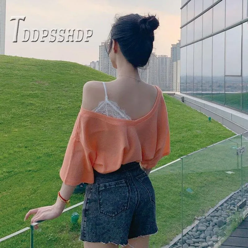 95% Cotton Lace Fake 2 Piece Women T Shirt 2019 Summer Black White Blue Short Sleeve Female Tee Shirts