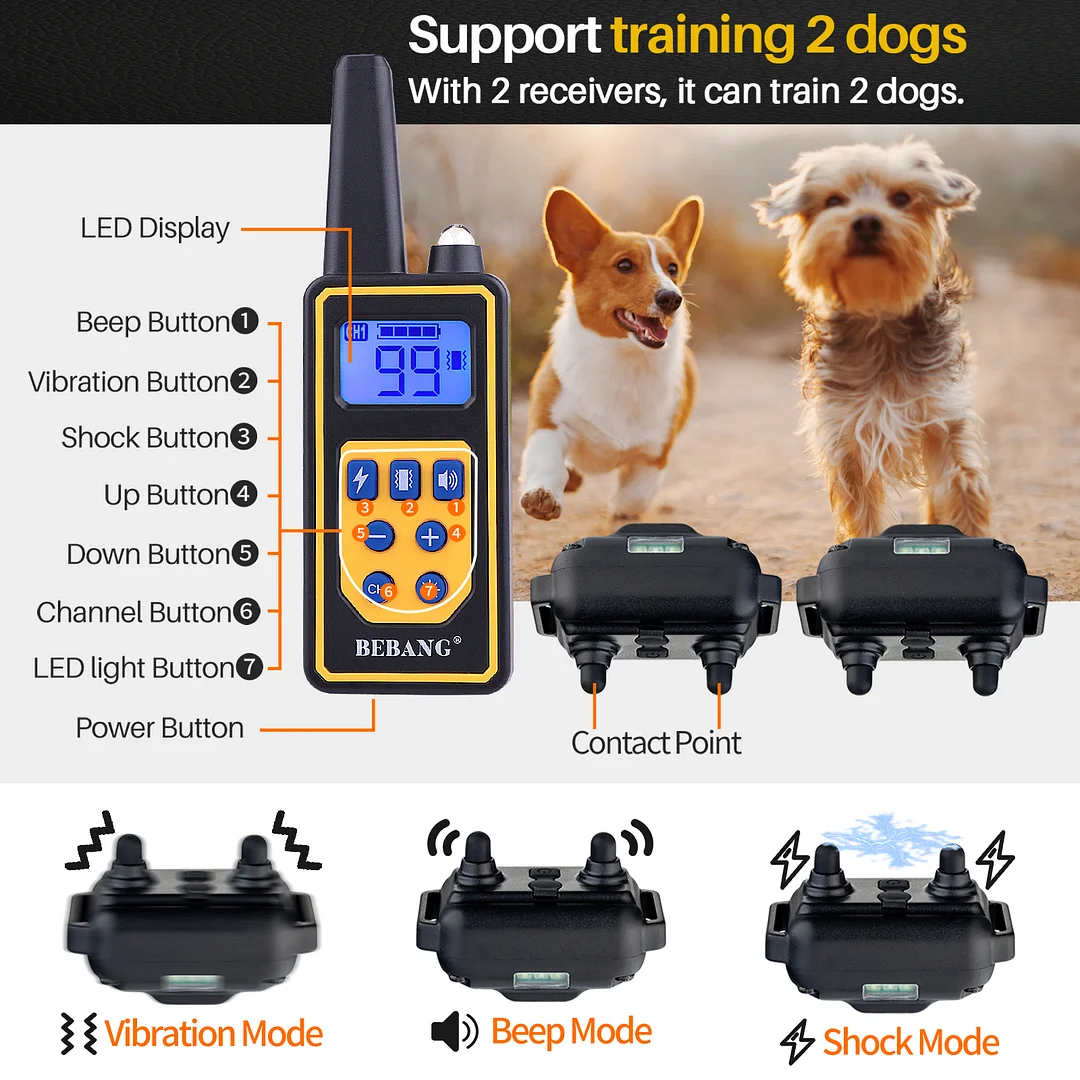 Dog Training Collars, Dog Shock Collar with Remote 2600 feet, 3 Modes Beep Vibration Shock, IPX7 Waterproof, LED Light, USB Charging, Dog Bark Collar for Training Small Medium Large Dogs