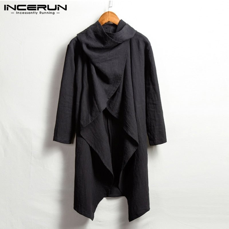 INCERUN Men Retro Jackets Coat Solid Scarf Collar Casual Irregular Trench Long Sleeve Cloak Cotton Stylish Mens Windbreaker 2021
