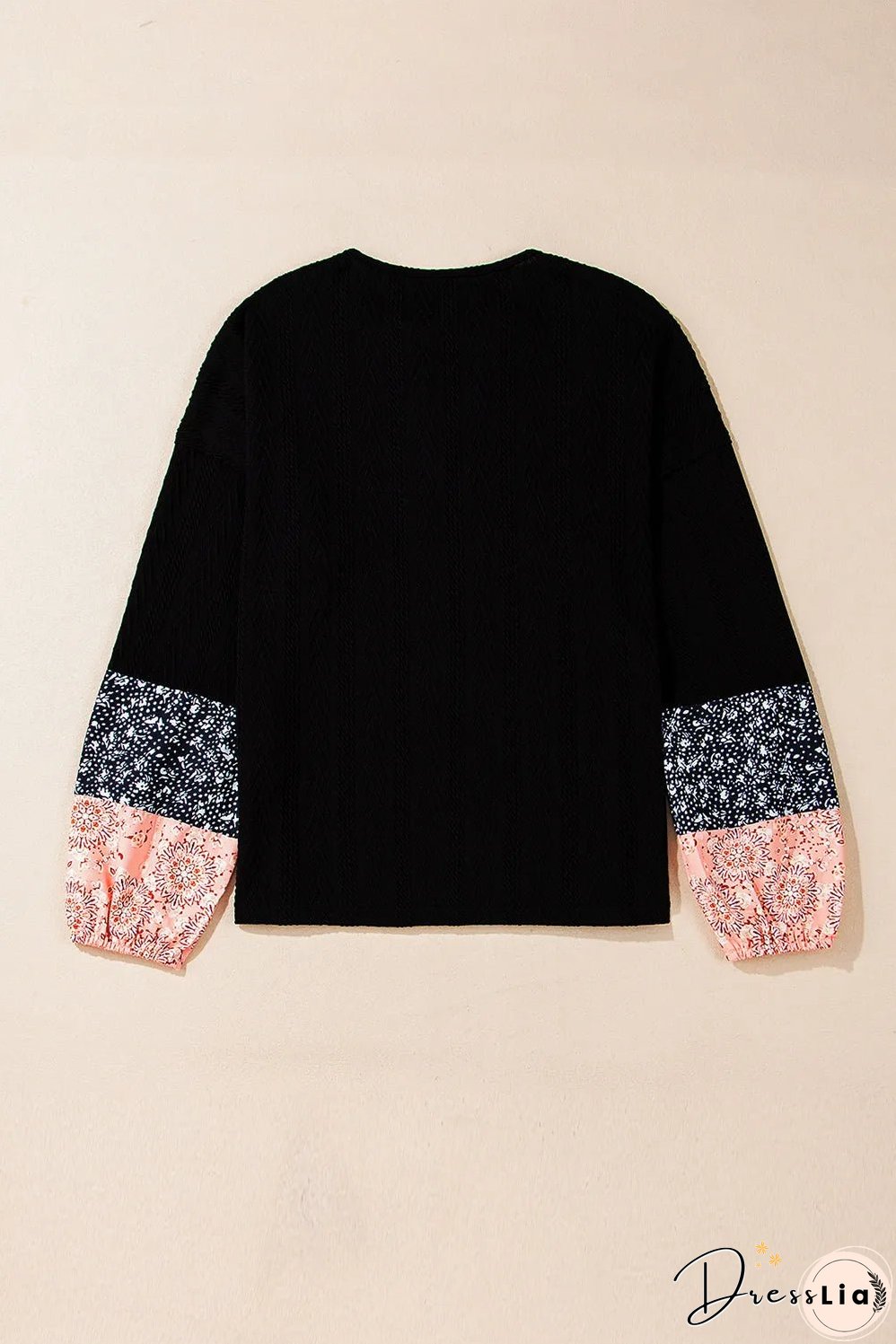 Black Floral Patchwork Textured Knit Drawstring V Neck Blouse