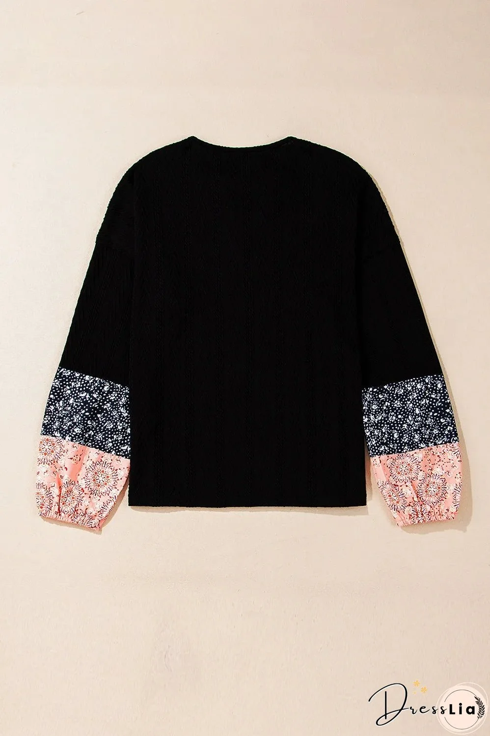 Black Floral Patchwork Textured Knit Drawstring V Neck Blouse