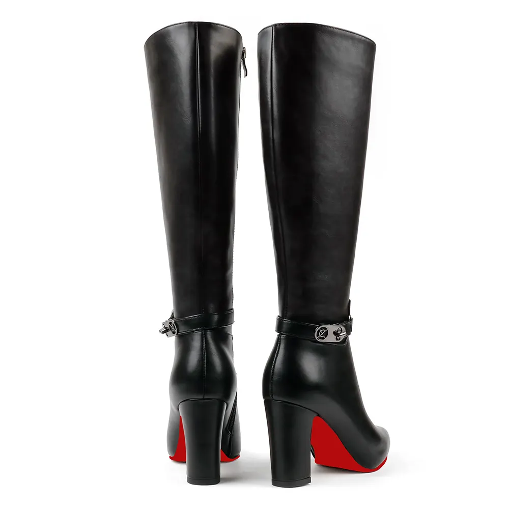 85mm/3.35 inch Women's red bottom matte high heel pointed toe buckle style casual zipper knee high boots-vocosishoes