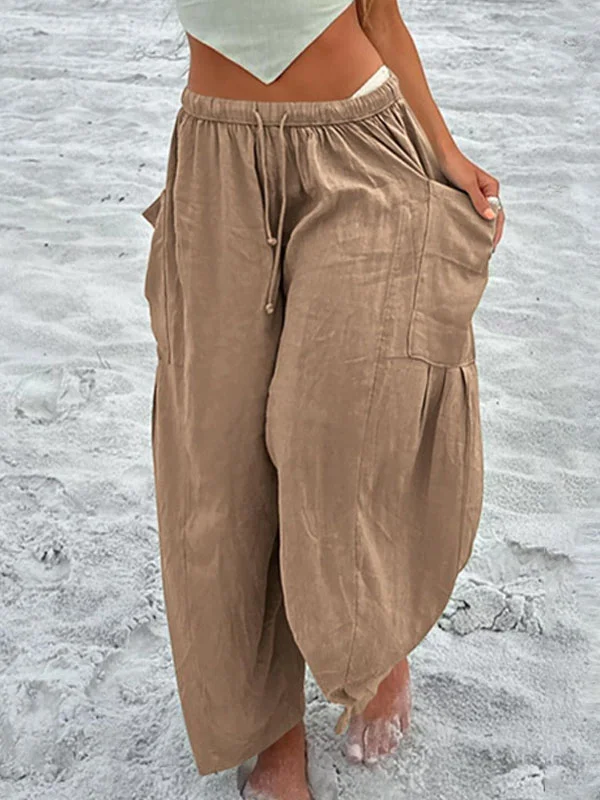 Elastic-waist Pleated Wide-leg Loose Cotton Linen Trousers socialshop