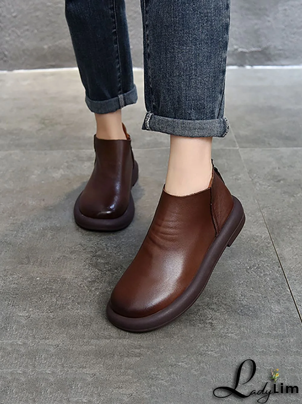 Women Vintage Genuine Leather Solid Flat Chelsea Boots