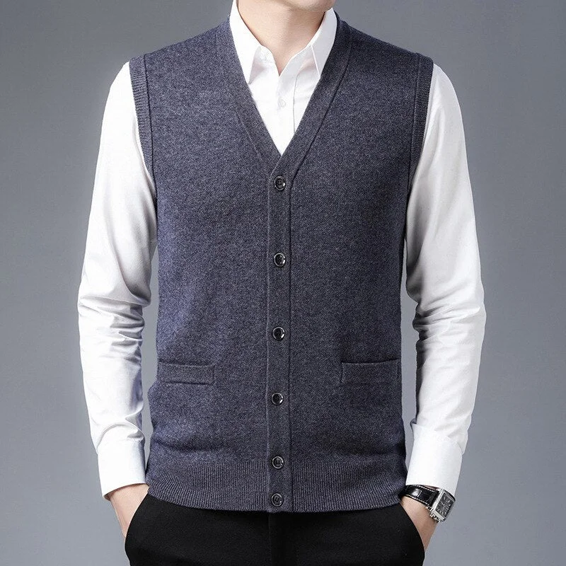 Oocharger Grade 100% Wool Men Sweater Vest 2023 New Autumn Winter Warm Fashion V-Neck Smart Casual Classic Knitted Vest