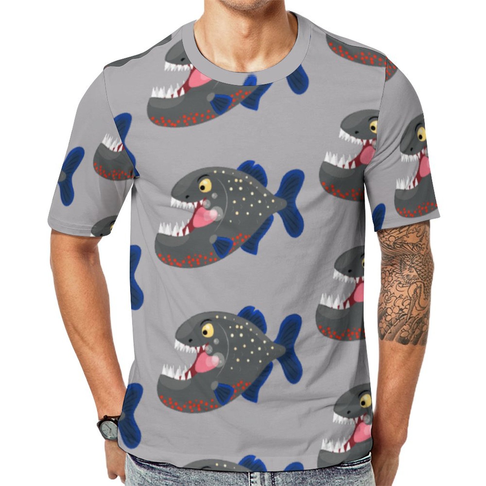 Hungry Funny Piranha Cartoon Illustration Short Sleeve Print Unisex Tshirt Summer Casual Tees for Men and Women Coolcoshirts