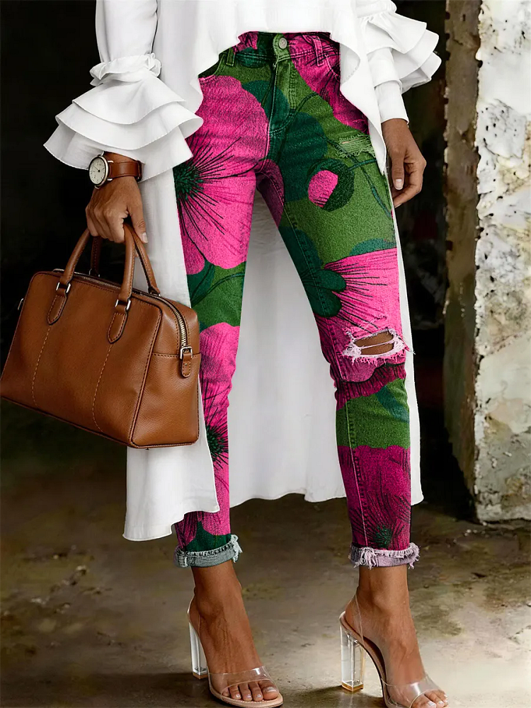 Women's Fashion Casual Flowers Art Print Ripped Skinny Jeans