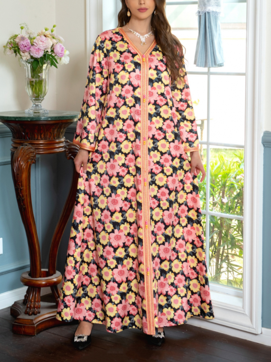 Elegant Floral Print V Neck Long Sleeve Loose Kaftan Dress | Oxredo Shop Ramadan Sale