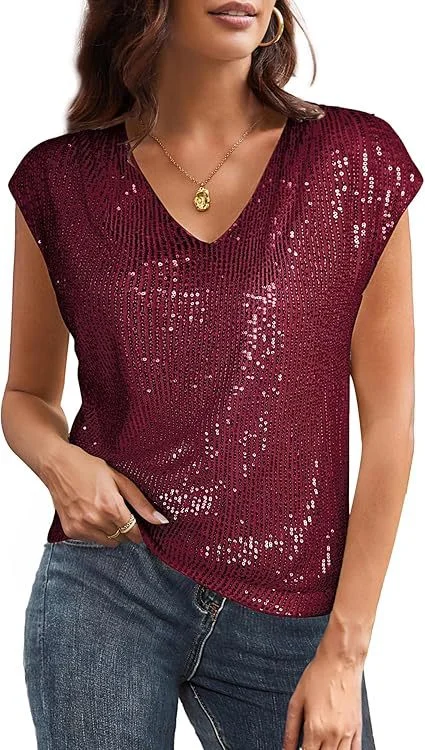 Women's Sequins Sexy V-Neck Sleeveless Solid Blouses Party Shirts Tank Tops