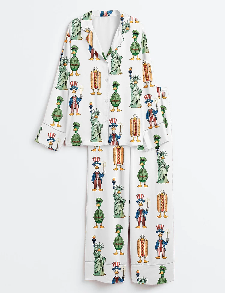 Women&rsquo;s Patriotic Goose 4th Of July Silly Goose USA Goose Independence Day Patriotic Print Long Sleeve Satin Pajama Set