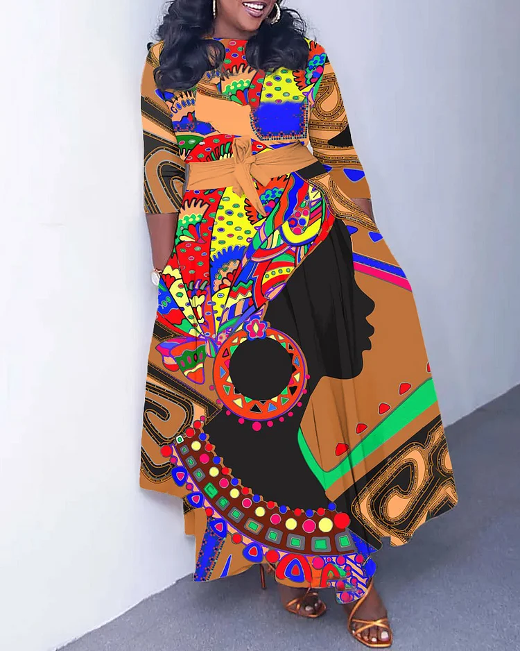 Fashionable Contrast Color African Women Long Sleeve Pockets Maxi Dress