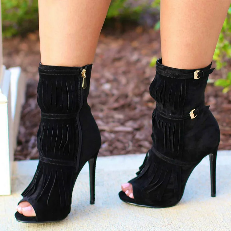 Women's Black Fringe Boots Peep Toe Stiletto Heel Ankle Boots |FSJ Shoes