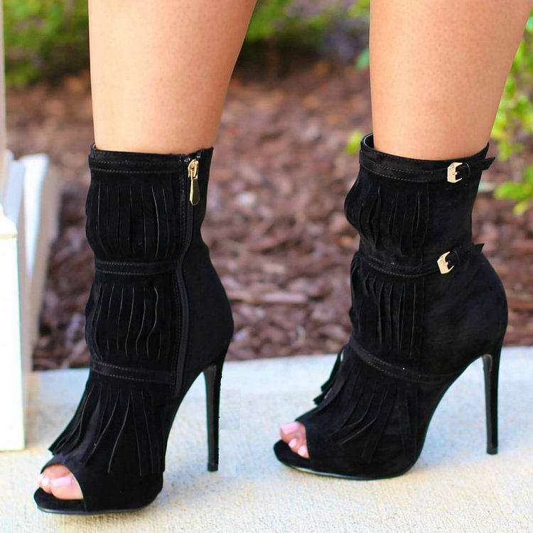 Women's Black Fringe Boots Peep Toe Stiletto Heel Ankle Booties |FSJ Shoes