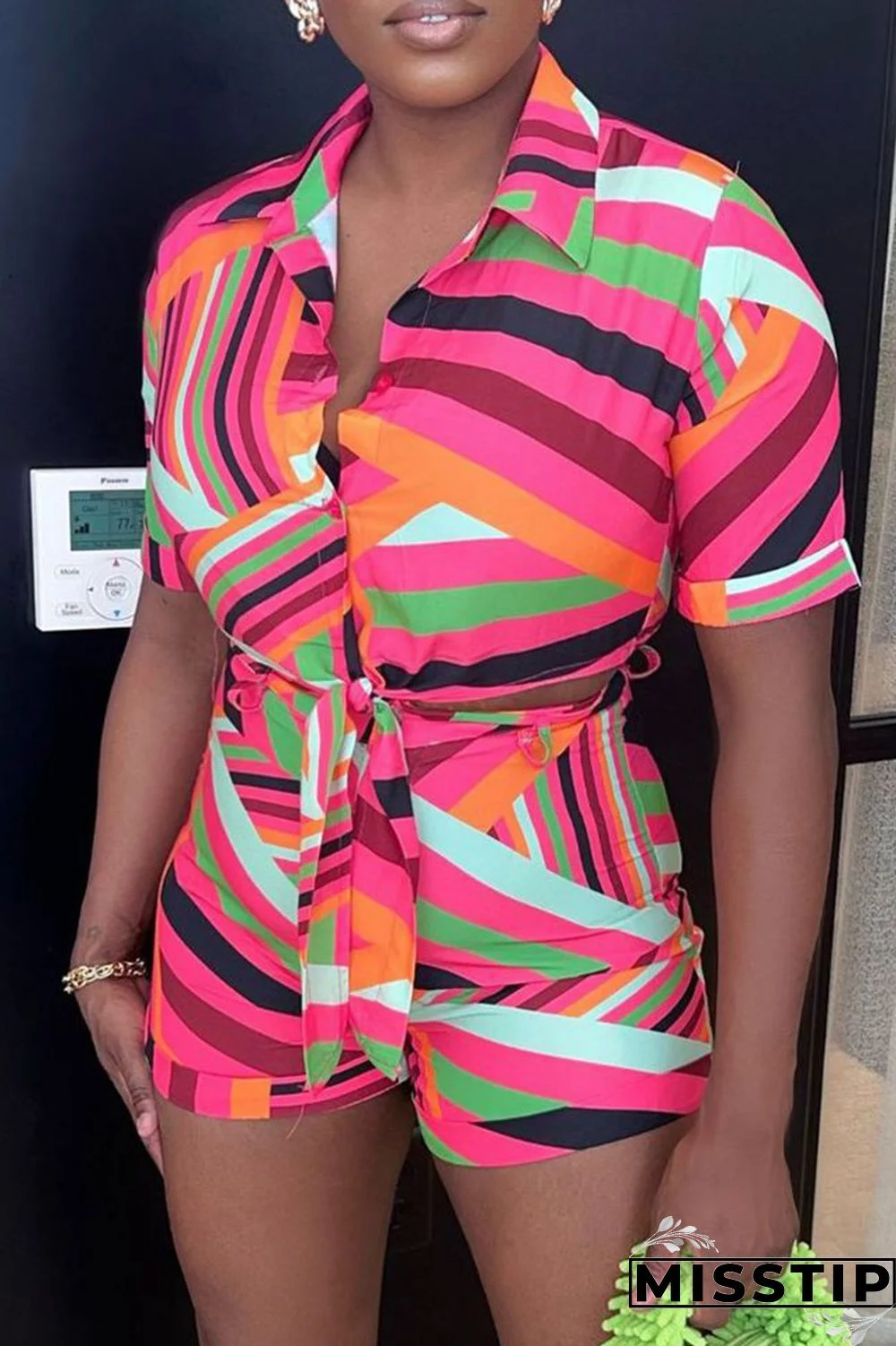 Blue Casual Print Patchwork Turndown Collar Short Sleeve Two Pieces