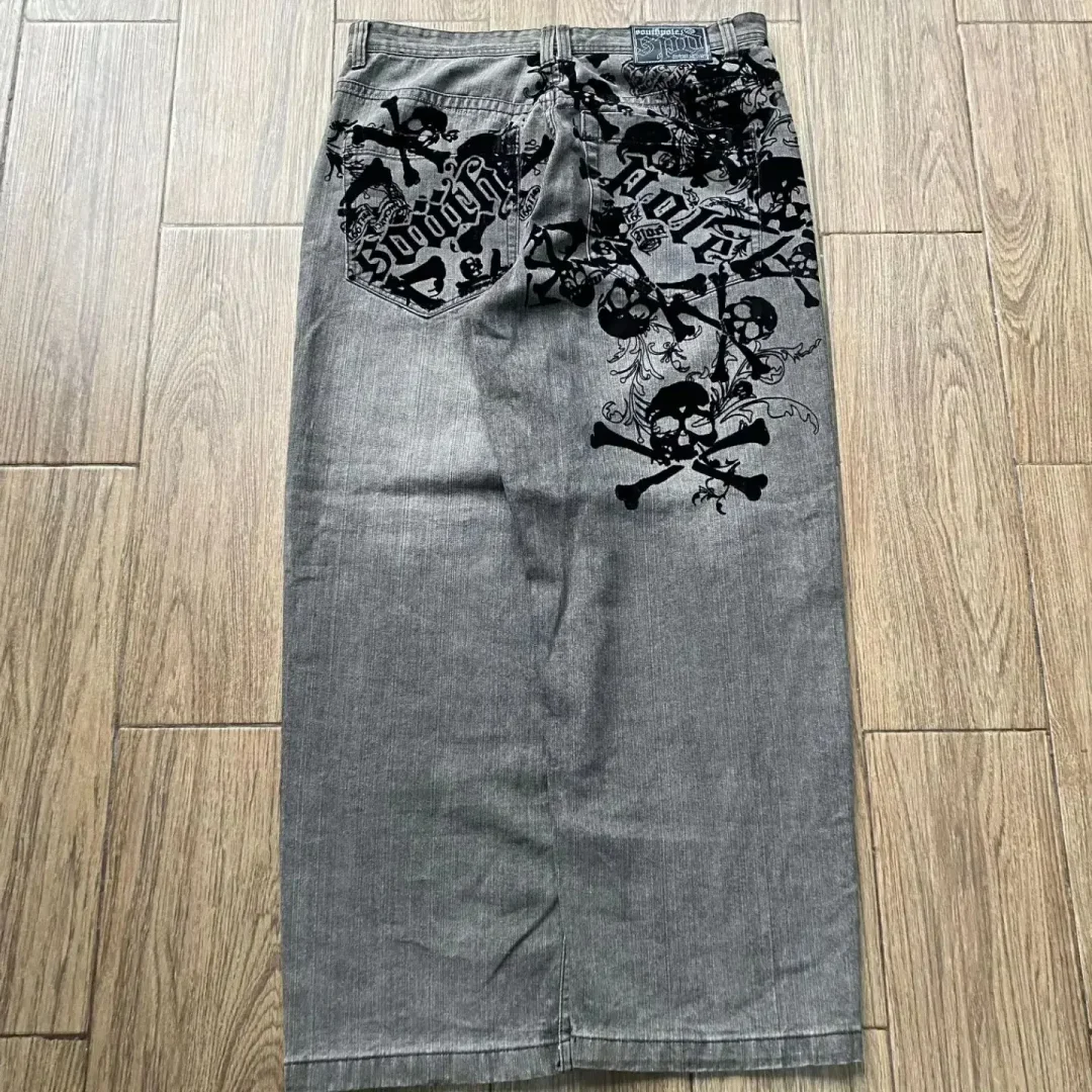 Aonga Harajuku retro jeans skull watermark loose slouchy jeans men women y2k gothic hip hop skateboard pants street wear mom jeans aonga