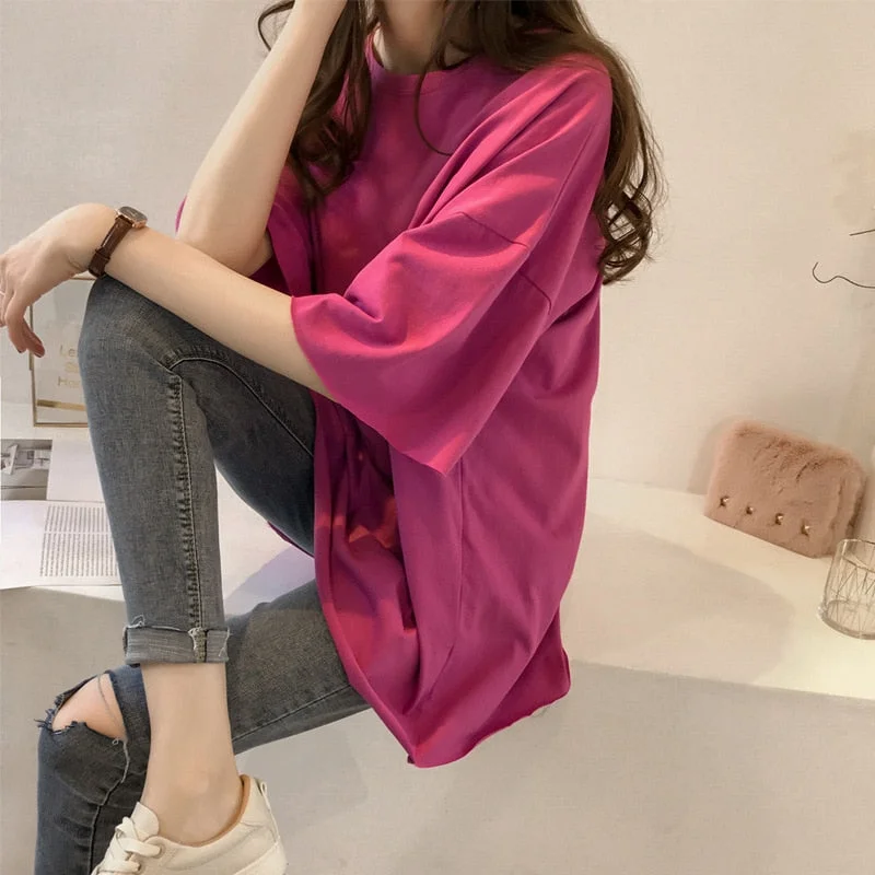 12 Colors Loose Streetwear Fashion T-shirt Letter Printed Half Sleeve Casual Solid Oversize Tops Simple Female T-shirts