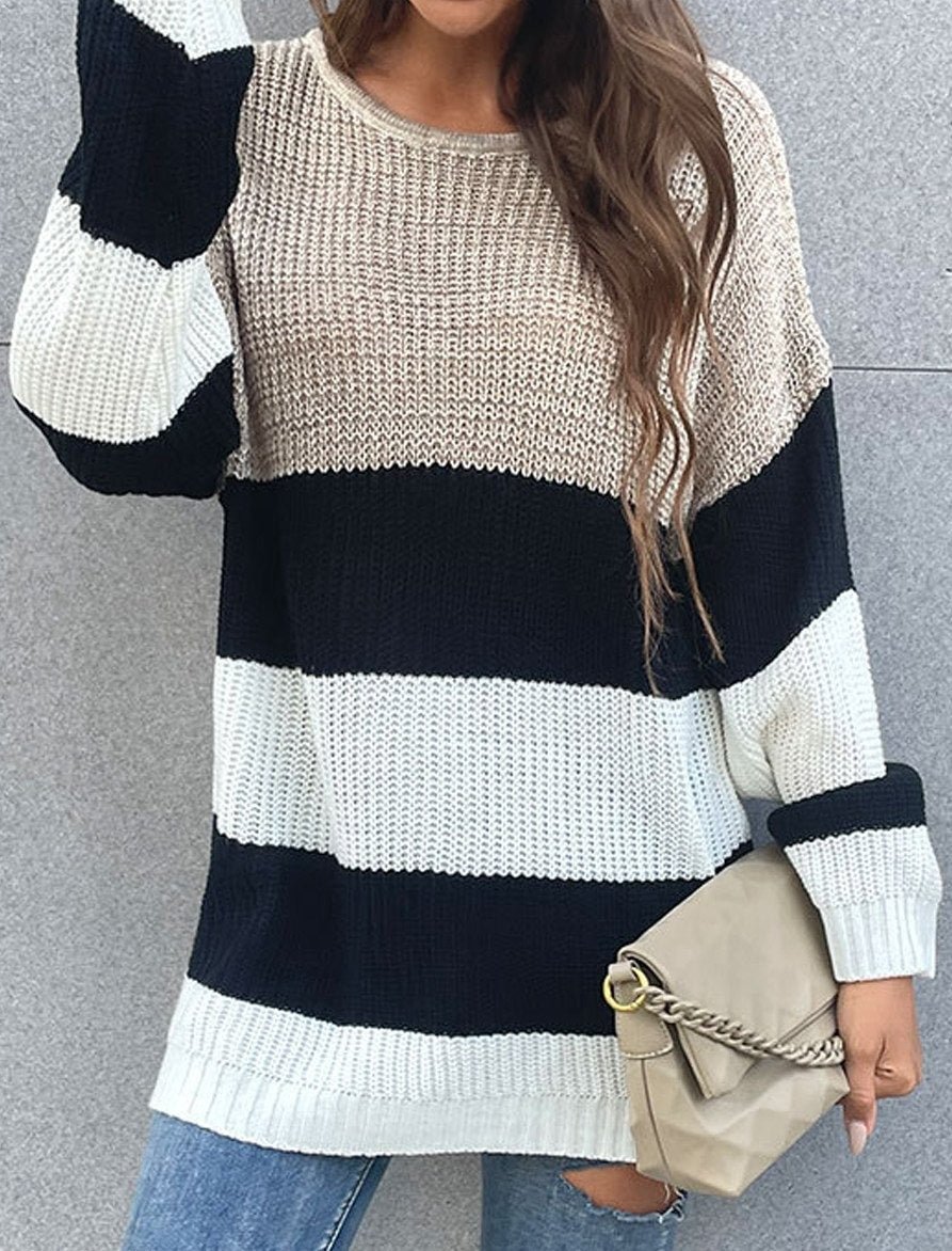 Casual Loose Color Matching Round Neck Long-Sleeved Sweater | EGEMISS