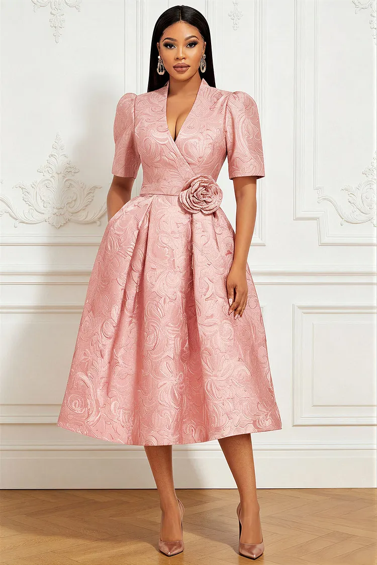 Xpluswear Design Plus Size Wedding Guest Pink Wrap Neck Short Sleeve 3D Pocket Midi Dresses [Pre-Order] 2024 - Xpluswear