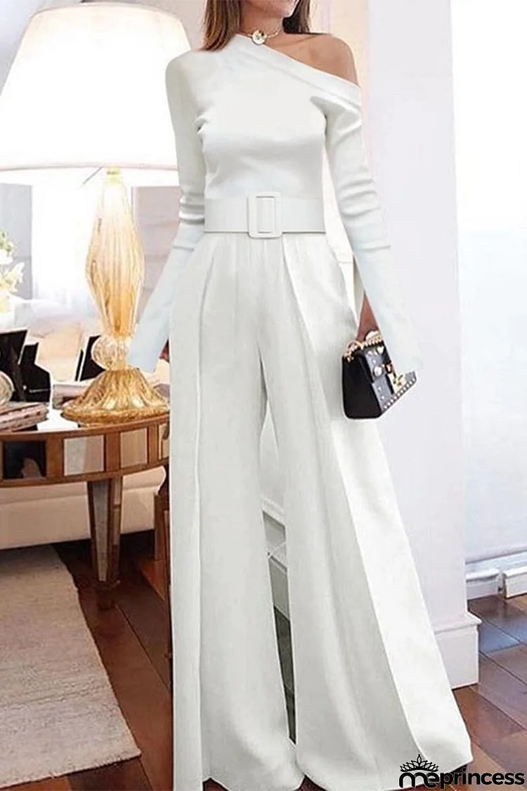 Sexy Street Solid With Belt Oblique Collar Regular Jumpsuits