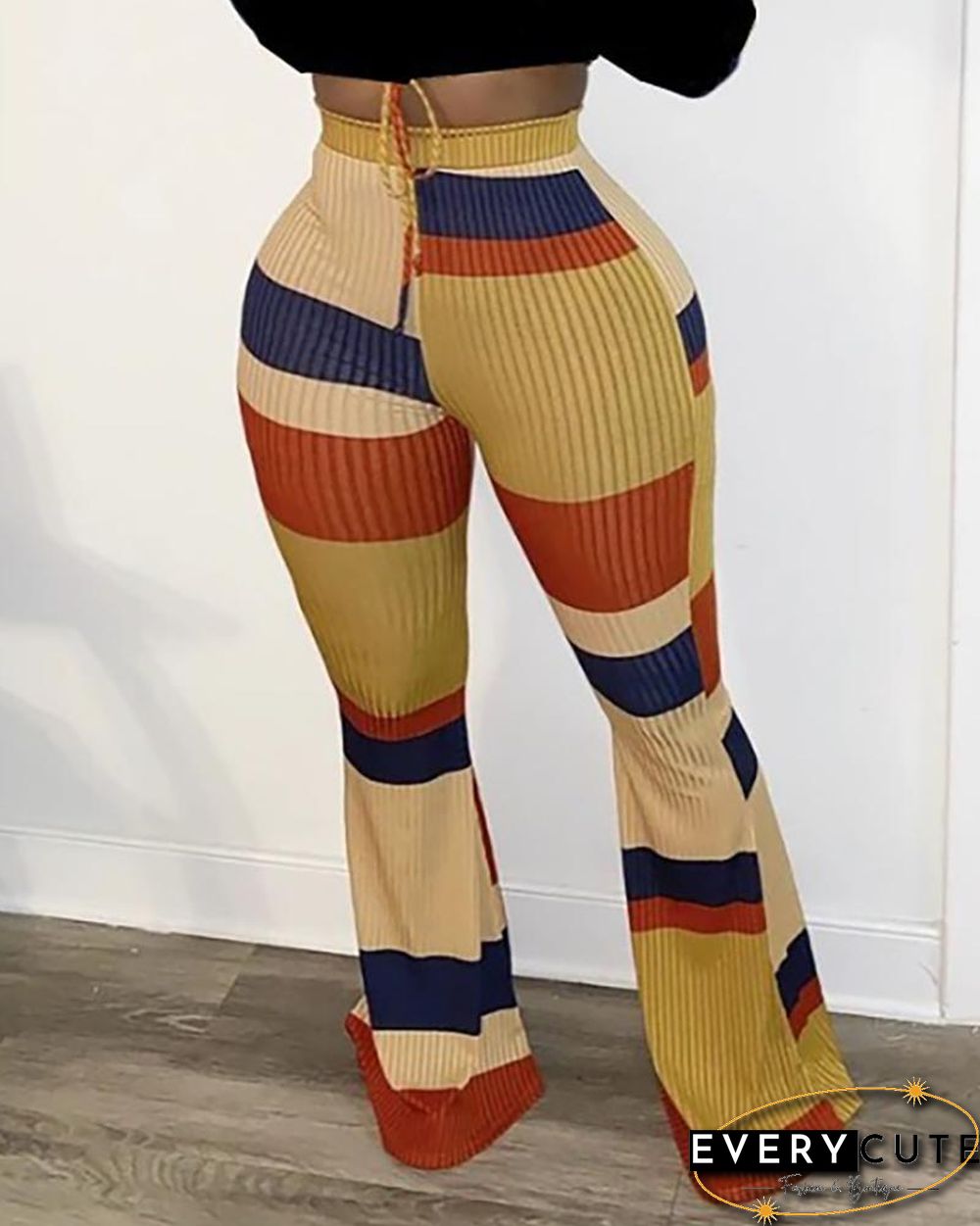 Striped Colorblock High Waist Bootcut Pants P15557