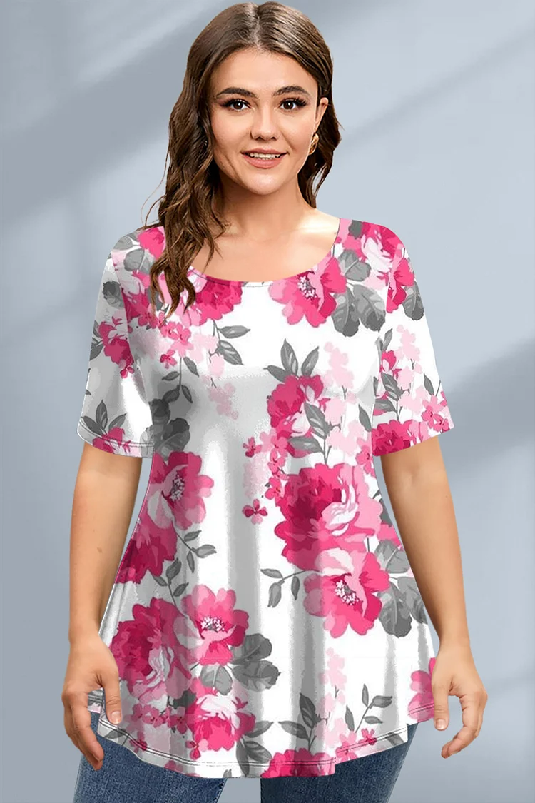 Flycurvy Plus Size Casual Rose Red Floral Print Round Neck Short Sleeve T-Shirt  Flycurvy [product_label]