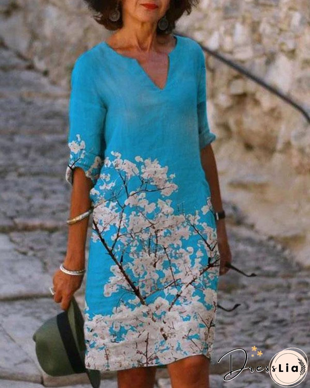Casual Printed Tunic V-Neckline Half Sleeve Shift Dress