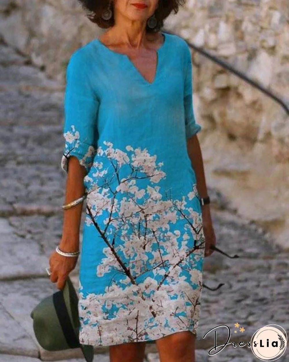 Casual Printed Tunic V-Neckline Half Sleeve Shift Dress