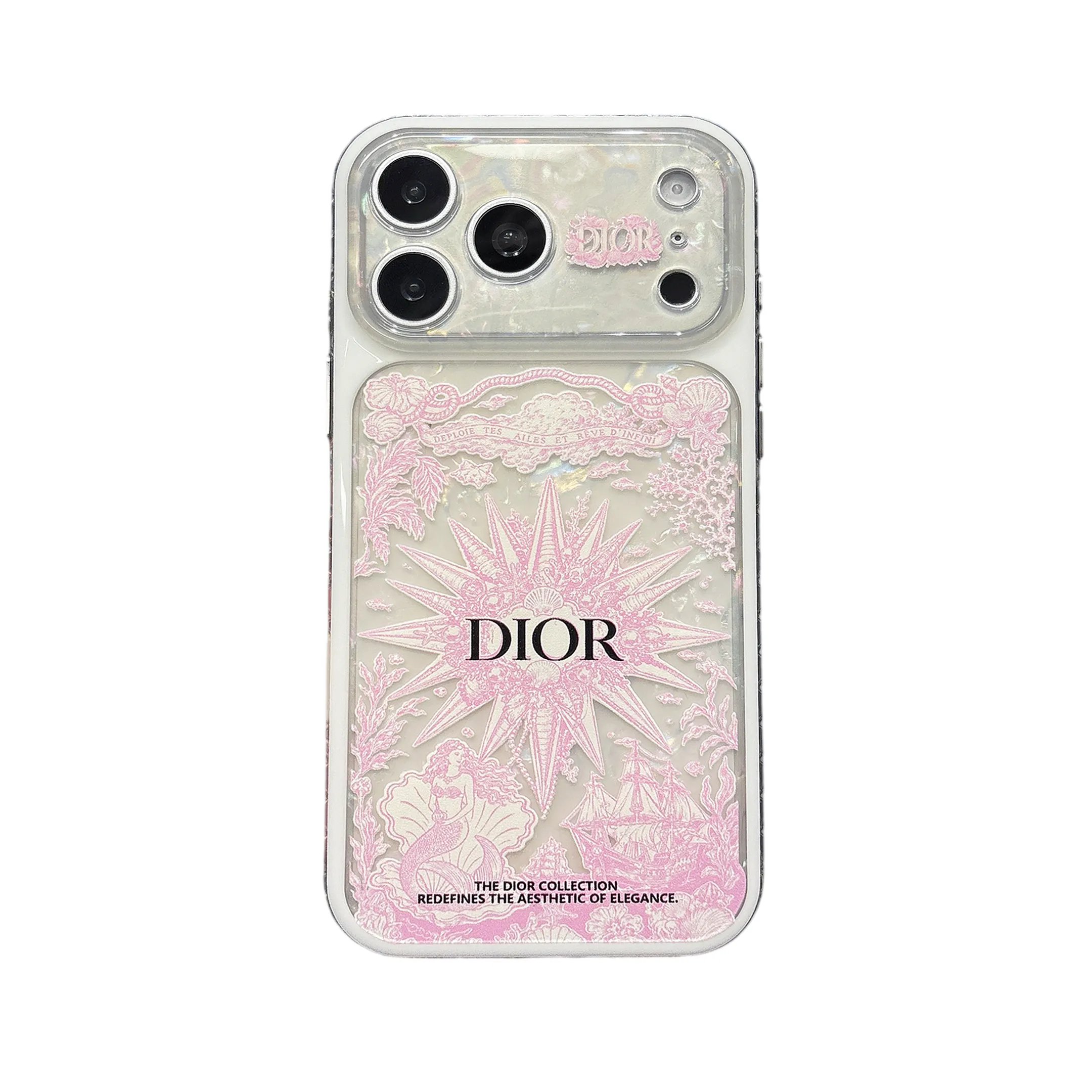 Ethereal Dior Pink Mermaid & Ocean Motif Iridescent Clear Case for iPhone 17/16/15 Series